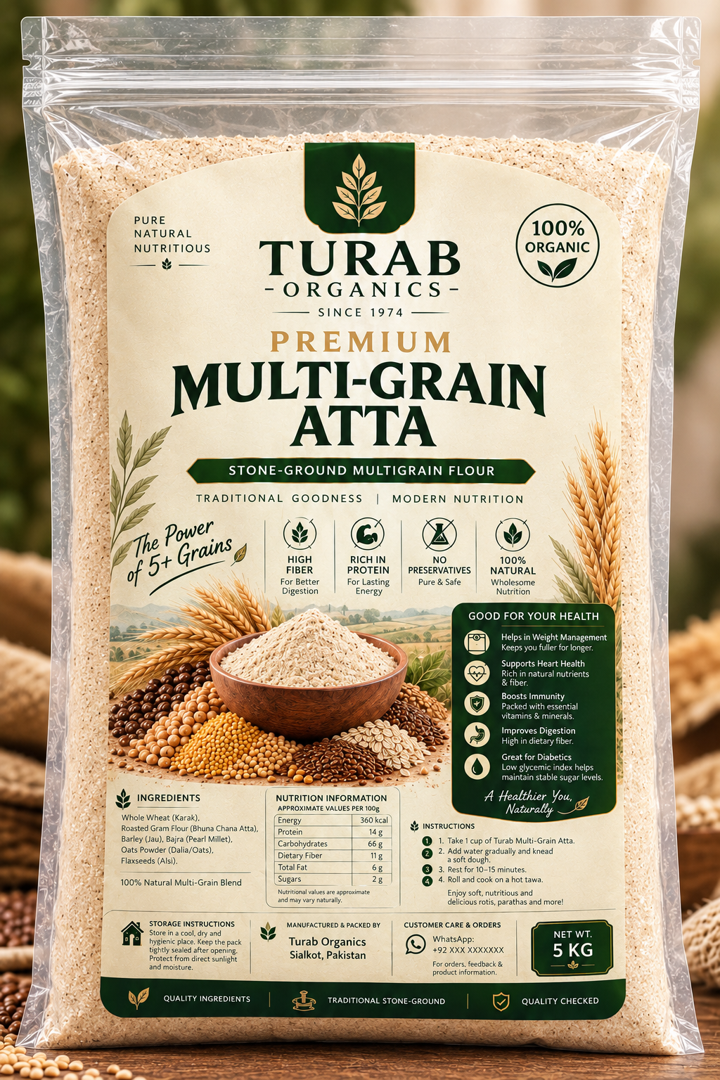 Turab Organics Premium Multi-Grain Atta – 5kg (Stone-Ground, 100% Organic)