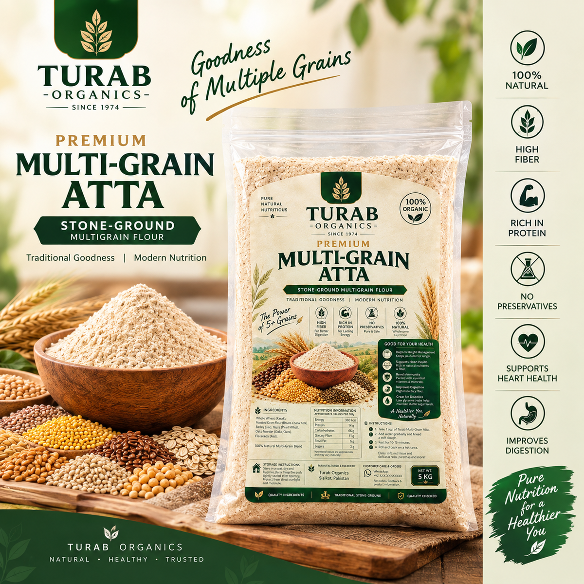 Turab Organics Premium Multi-Grain Atta – 5kg (Stone-Ground, 100% Organic)