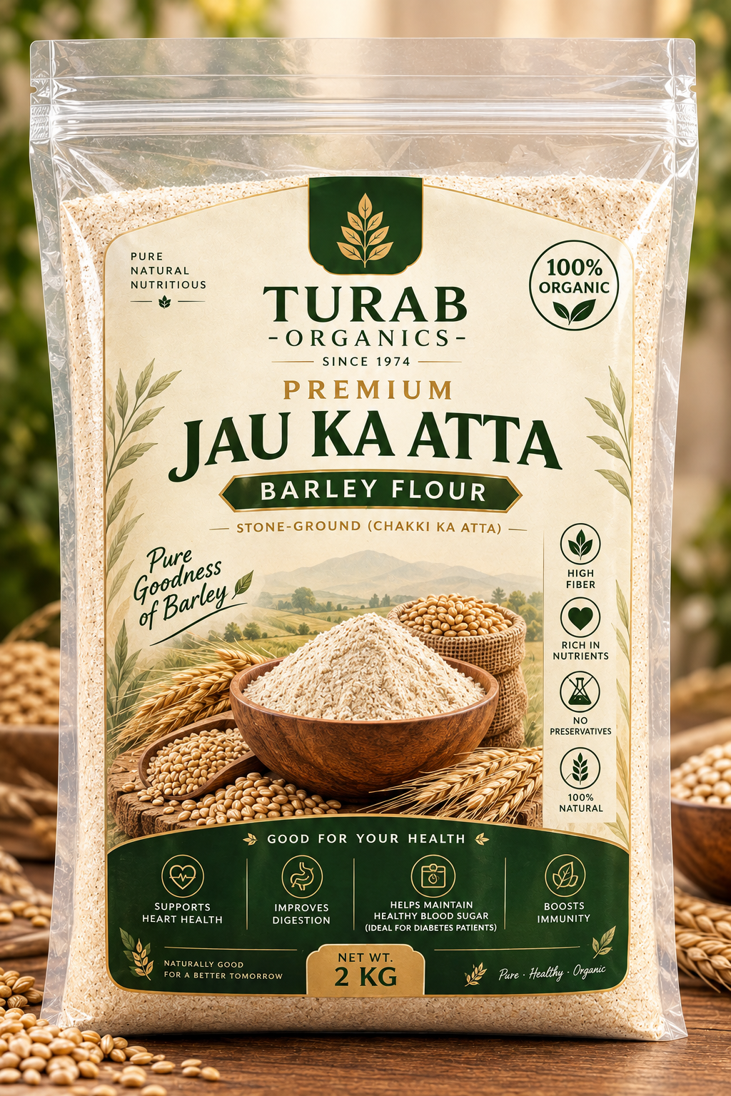 Turab Organics Jau Ka Atta – 2kg (Stone-Ground, 100% Organic Barley Flour)