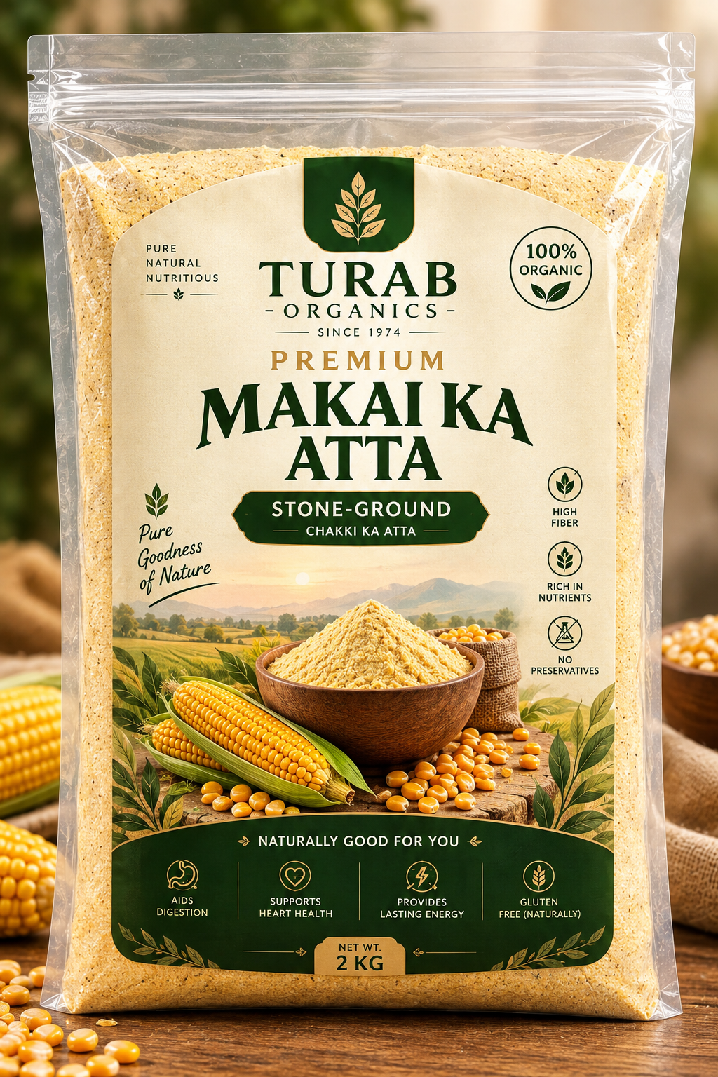 Turab Organics Makai Ka Atta – 2kg (Stone-Ground, 100% Organic Corn Flour)