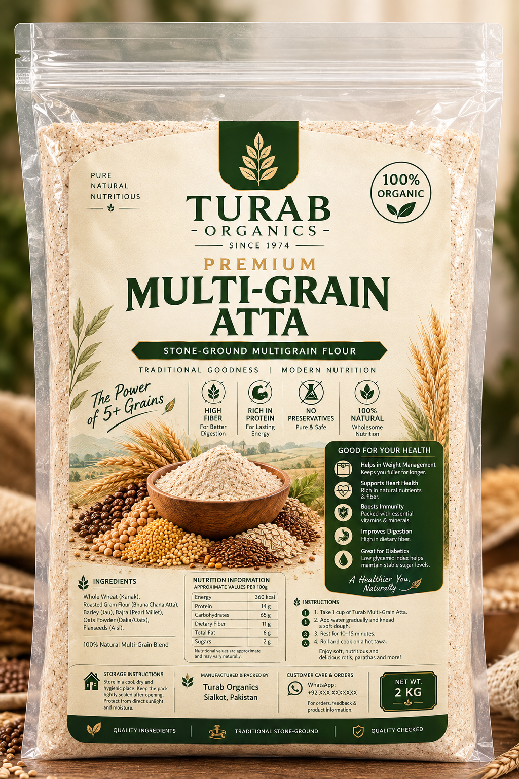 Turab Organics Premium Multi-Grain Atta – 2kg (Stone-Ground, 100% Organic)